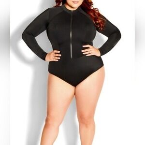 City Chic Swimsuit NEW Plus 14 1X Black Long Sleeve 1 Piece Rash Guard Zippered